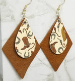 Cowboy Themed Faux Leather on Top of Brown Real Leather Diamond Shaped Earrings