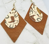 Cowboy Themed Faux Leather on Top of Brown Real Leather Diamond Shaped Earrings