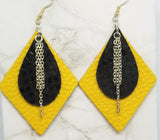 Diamond Shaped Mustard Yellow Leather Earrings with Black Leather and Chain Overlay
