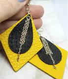 Diamond Shaped Mustard Yellow Leather Earrings with Black Leather and Chain Overlay