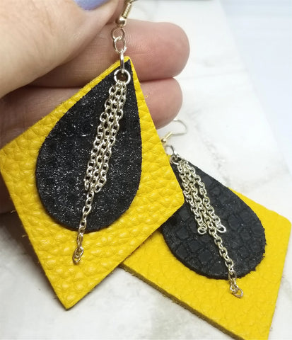 Diamond Shaped Mustard Yellow Leather Earrings with Black Leather and Chain Overlay