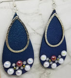 Blue Elongated Teardrop Shaped Real Leather Earrings with Teardrop Overlay and Pearl Rhinestone Embellishments