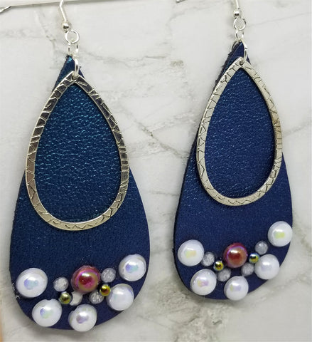 Blue Elongated Teardrop Shaped Real Leather Earrings with Teardrop Overlay and Pearl Rhinestone Embellishments