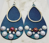 Blue Elongated Teardrop Shaped Real Leather Earrings with Teardrop Overlay and Pearl Rhinestone Embellishments