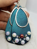 Blue Elongated Teardrop Shaped Real Leather Earrings with Teardrop Overlay and Pearl Rhinestone Embellishments