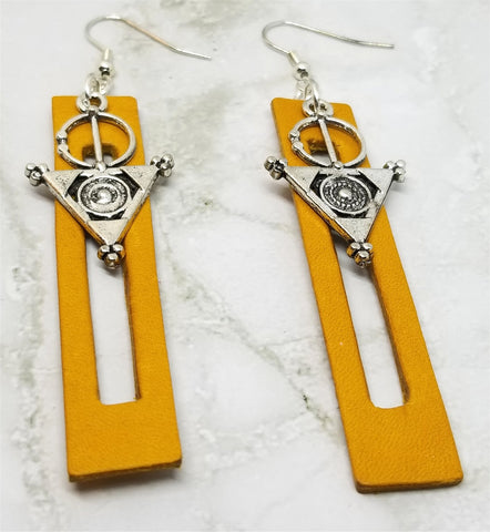 Light Brown Bar with Cut Out Vegetable Tanned Leather Earrings with Tribal Inspired Charms