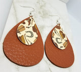 Cowboy Themed Faux Leather on Top of Brown Real Leather Teardrop Earrings
