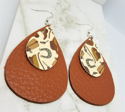 Cowboy Themed Faux Leather on Top of Brown Real Leather Teardrop Earrings