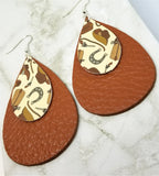Cowboy Themed Faux Leather on Top of Brown Real Leather Teardrop Earrings