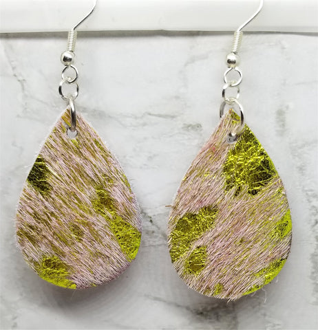 Small Hair on Hide Leather Tear Drop Earrings with Yellow Metallic Spots