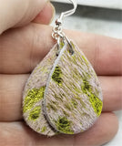 Small Hair on Hide Leather Tear Drop Earrings with Yellow Metallic Spots