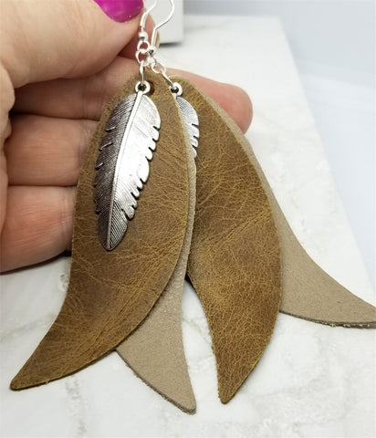 Layered Leather Earrings with Silver Feather Charm Overlay