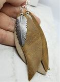 Layered Leather Earrings with Silver Feather Charm Overlay