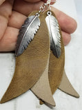 Layered Leather Earrings with Silver Feather Charm Overlay