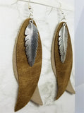 Layered Leather Earrings with Silver Feather Charm Overlay