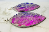 Metallic Pink and Purple with White Hair on Hide REAL Leather Almond Shaped Earrings