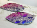 Metallic Pink and Purple with White Hair on Hide REAL Leather Almond Shaped Earrings