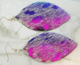 Metallic Pink and Purple with White Hair on Hide REAL Leather Almond Shaped Earrings