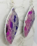 Metallic Pink and Purple with White Hair on Hide REAL Leather Almond Shaped Earrings