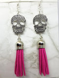 Large Skull with Real Leather Suede Hot Pink Tassel Earrings