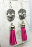 Large Skull with Real Leather Suede Hot Pink Tassel Earrings