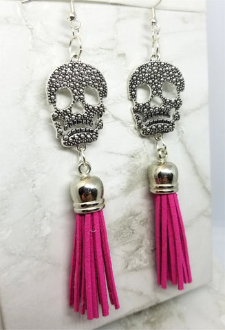 Large Skull with Real Leather Suede Hot Pink Tassel Earrings