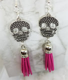 Large Skull with Real Leather Suede Hot Pink Tassel Earrings