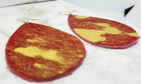 Red and Gold Hair on Hide Leather Tear Drop Earrings