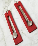 Red Bar with Cut Out Vegetable Tanned Leather Earrings with Chain Dangle