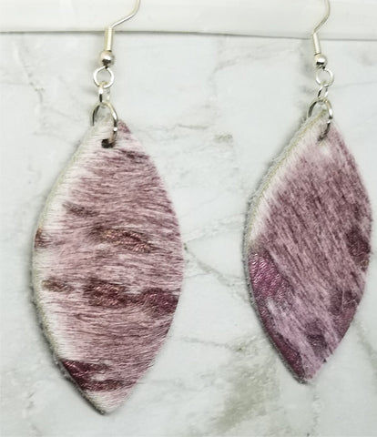 Metallic Mauve and White Hair on Hide Leather Almond Shaped Earrings