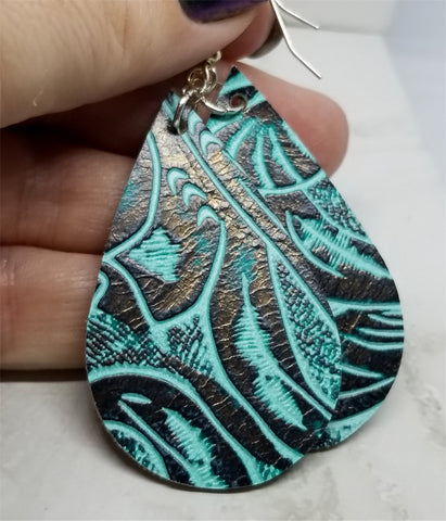 Black and Turquoise Colored Embossed Real Leather Earrings