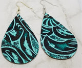 Black and Turquoise Colored Embossed Real Leather Earrings