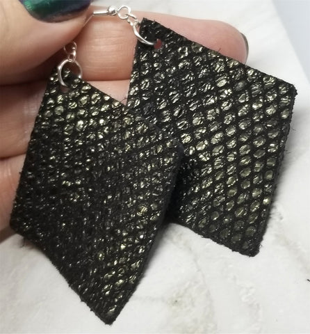 Black Shiny Scales Diamond Shaped Real Leather Earrings