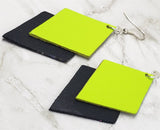 Neon Green and Black Layered Diamond REAL Leather Earrings