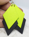 Neon Green and Black Layered Diamond REAL Leather Earrings