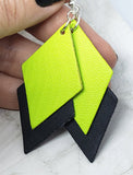 Neon Green and Black Layered Diamond REAL Leather Earrings