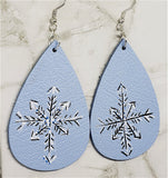 Hand Painted Snowflake on Icy Blue Real Leather Teardrop Shaped Earrings