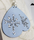 Hand Painted Snowflake on Icy Blue Real Leather Teardrop Shaped Earrings