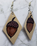 Hand Painted Acorns on Tan Real Leather Diamond Shaped Earrings