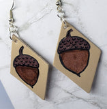 Hand Painted Acorns on Tan Real Leather Diamond Shaped Earrings