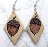 Hand Painted Acorns on Tan Real Leather Diamond Shaped Earrings