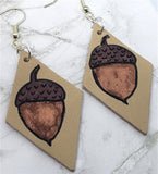 Hand Painted Acorns on Tan Real Leather Diamond Shaped Earrings