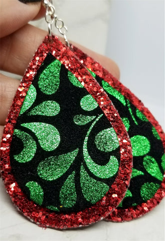 Red Glitter Very Sparkly Double Sided FAUX Leather Teardrops with Black and Green Scrolling Real Leather Teardrop Overlay Earrings