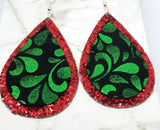 Red Glitter Very Sparkly Double Sided FAUX Leather Teardrops with Black and Green Scrolling Real Leather Teardrop Overlay Earrings