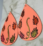 Hand Painted Autumn Foliage on Peach Real Leather Teardrop Shaped Earrings