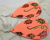 Hand Painted Autumn Foliage on Peach Real Leather Teardrop Shaped Earrings