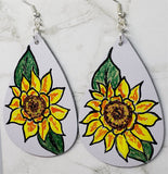 CLEARANCE Hand Painted Sunflower on Gray Real Leather Teardrop Earrings