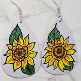 CLEARANCE Hand Painted Sunflower on Gray Real Leather Teardrop Earrings