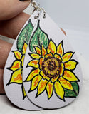 CLEARANCE Hand Painted Sunflower on Gray Real Leather Teardrop Earrings