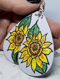 CLEARANCE Hand Painted Sunflower on Gray Real Leather Teardrop Earrings